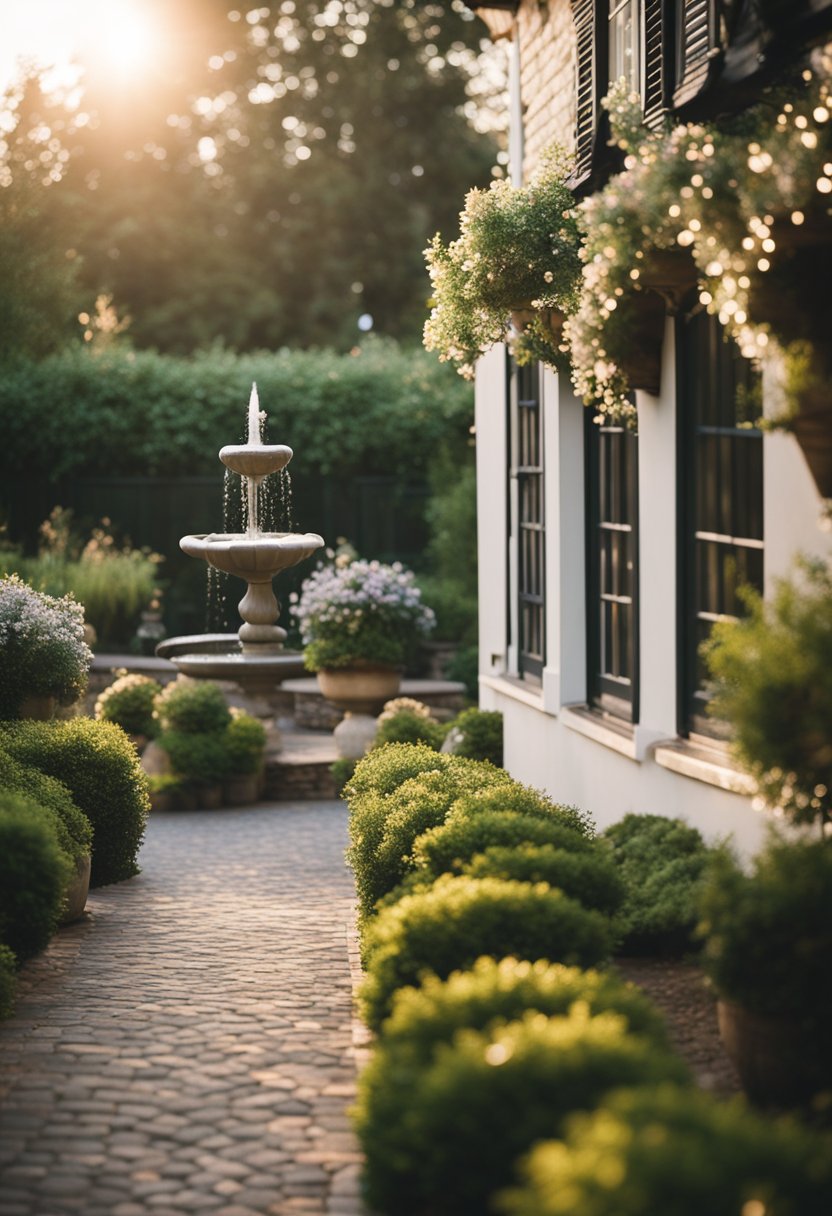 A cozy carriage house nestled in a tranquil garden, with a bubbling fountain and twinkle lights creating a romantic ambiance