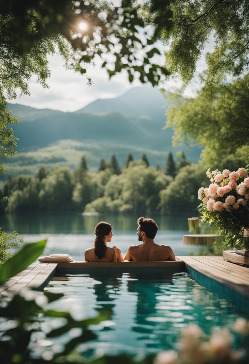 A couple enjoys a private outdoor spa surrounded by lush greenery and blooming flowers, with a view of a serene lake in the background