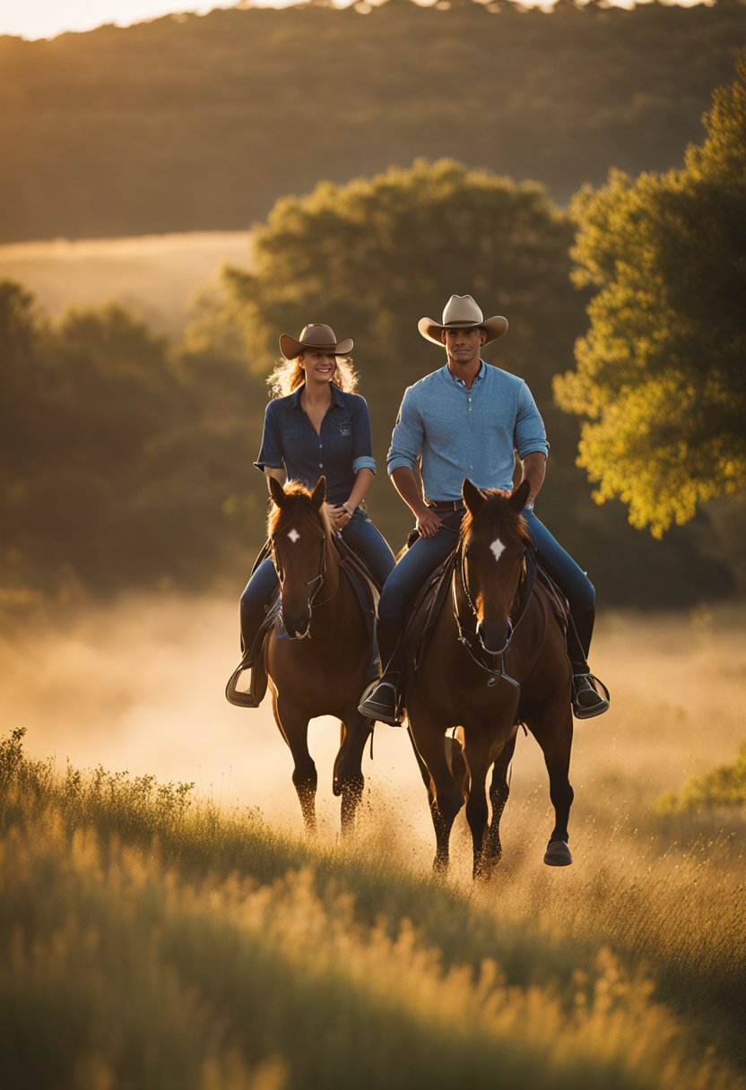 A couple rides horses through a scenic countryside at sunset in Waco, Texas