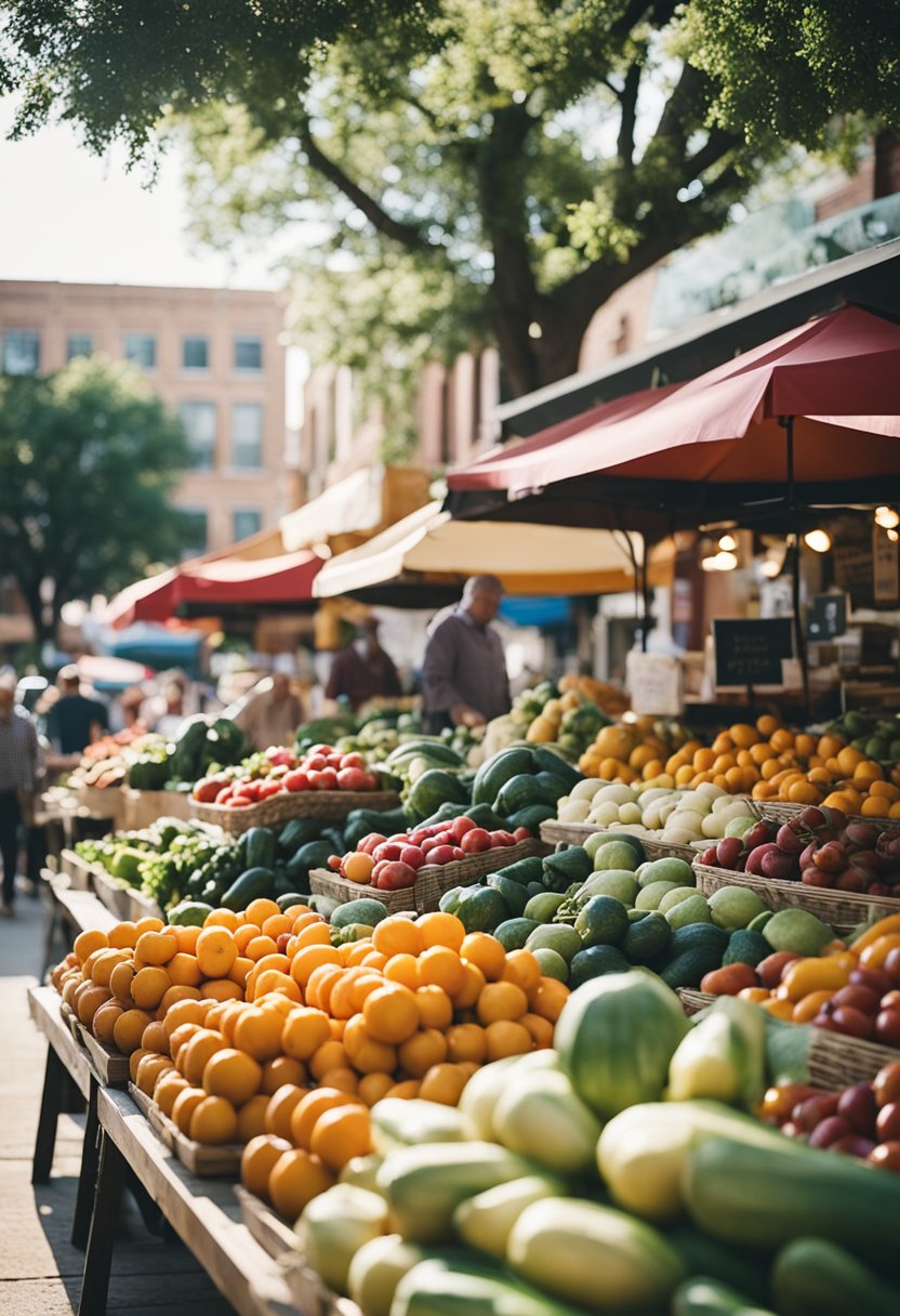 A bustling farmers market with colorful produce and a quaint boutique with charming storefronts in Waco, Texas