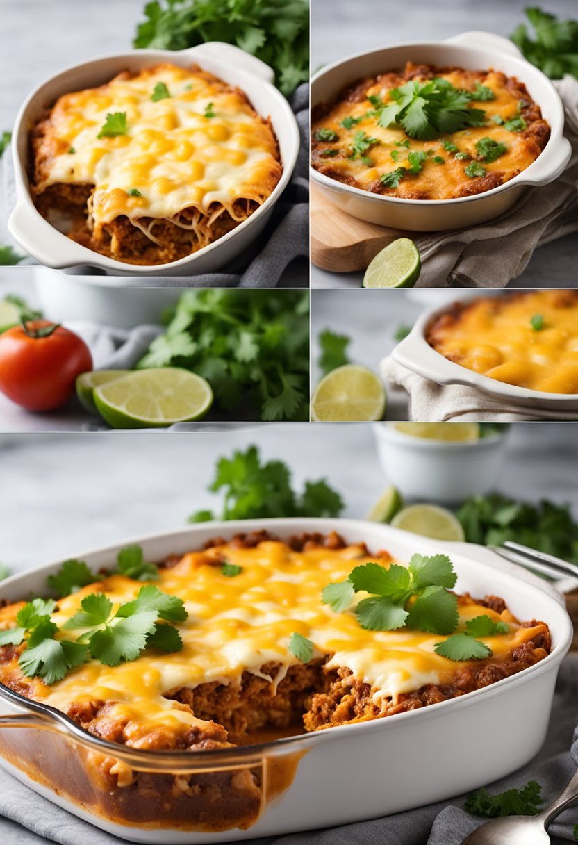 A baking dish filled with layers of keto enchilada casserole, topped with melted cheese and garnished with fresh cilantro