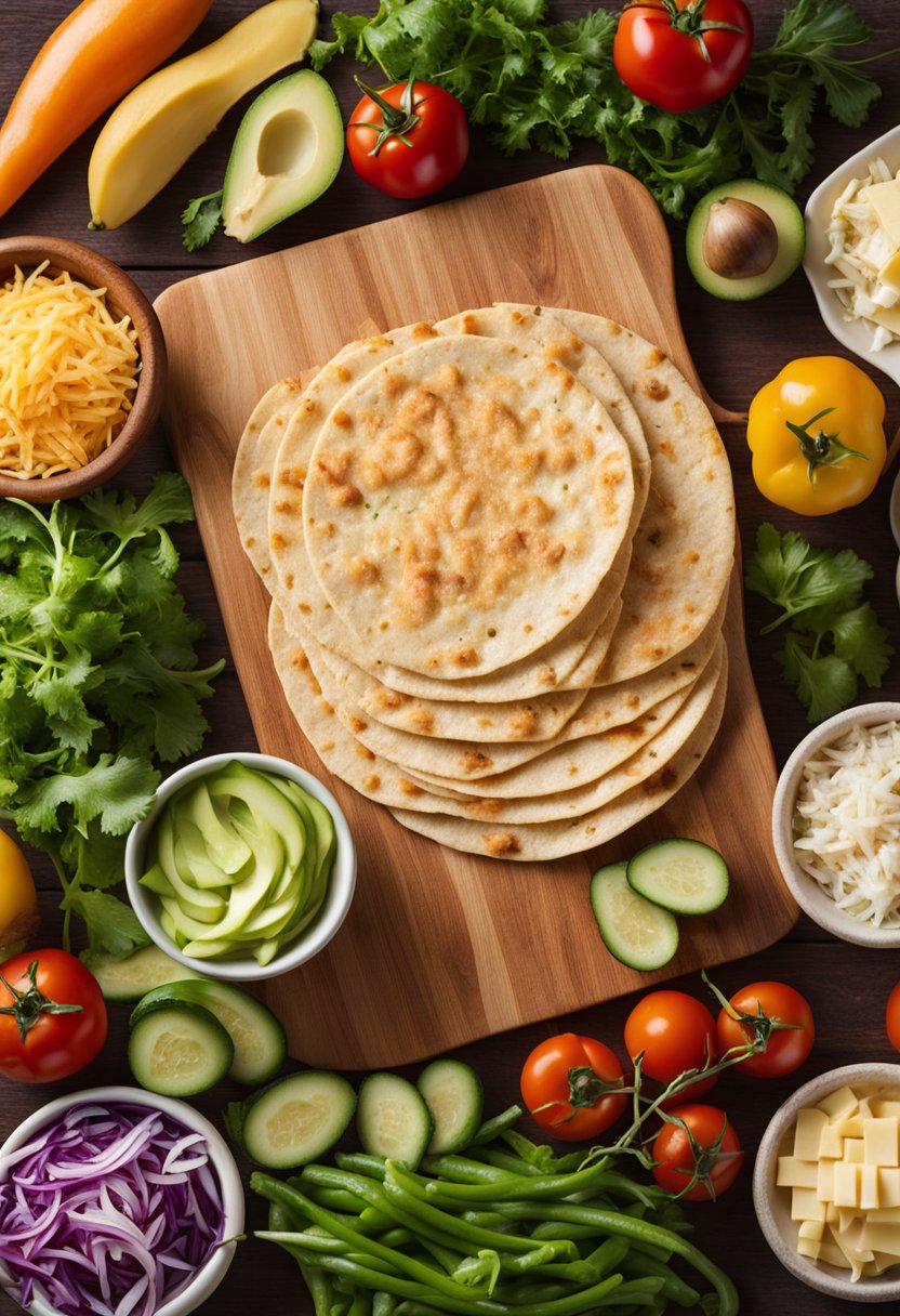 A colorful array of fresh vegetables, shredded chicken, cheese, and keto-friendly tortillas laid out on a wooden cutting board