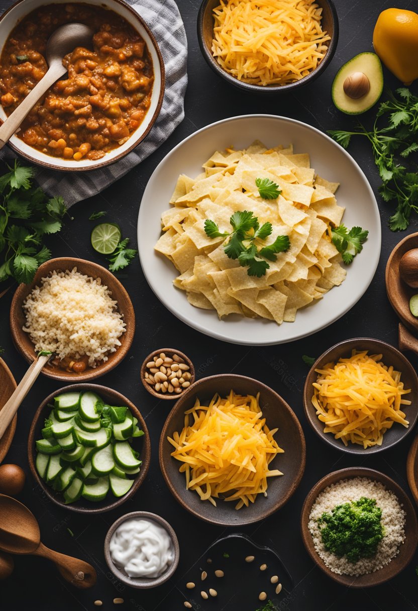 A kitchen counter with various ingredients and utensils laid out for making a keto enchilada casserole