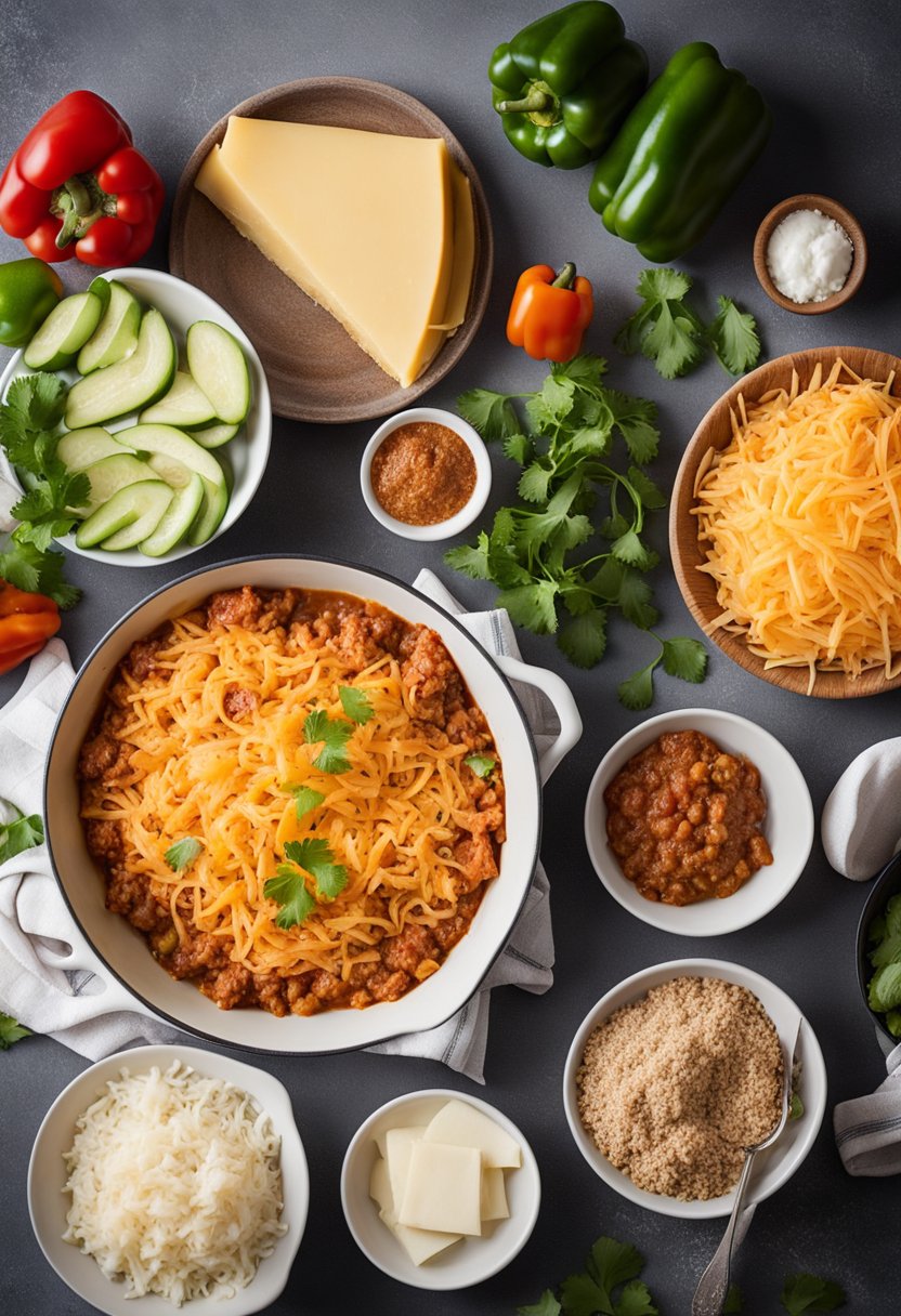 A kitchen counter with ingredients for keto enchilada casserole, including shredded cheese, ground turkey, bell peppers, and low-carb tortillas