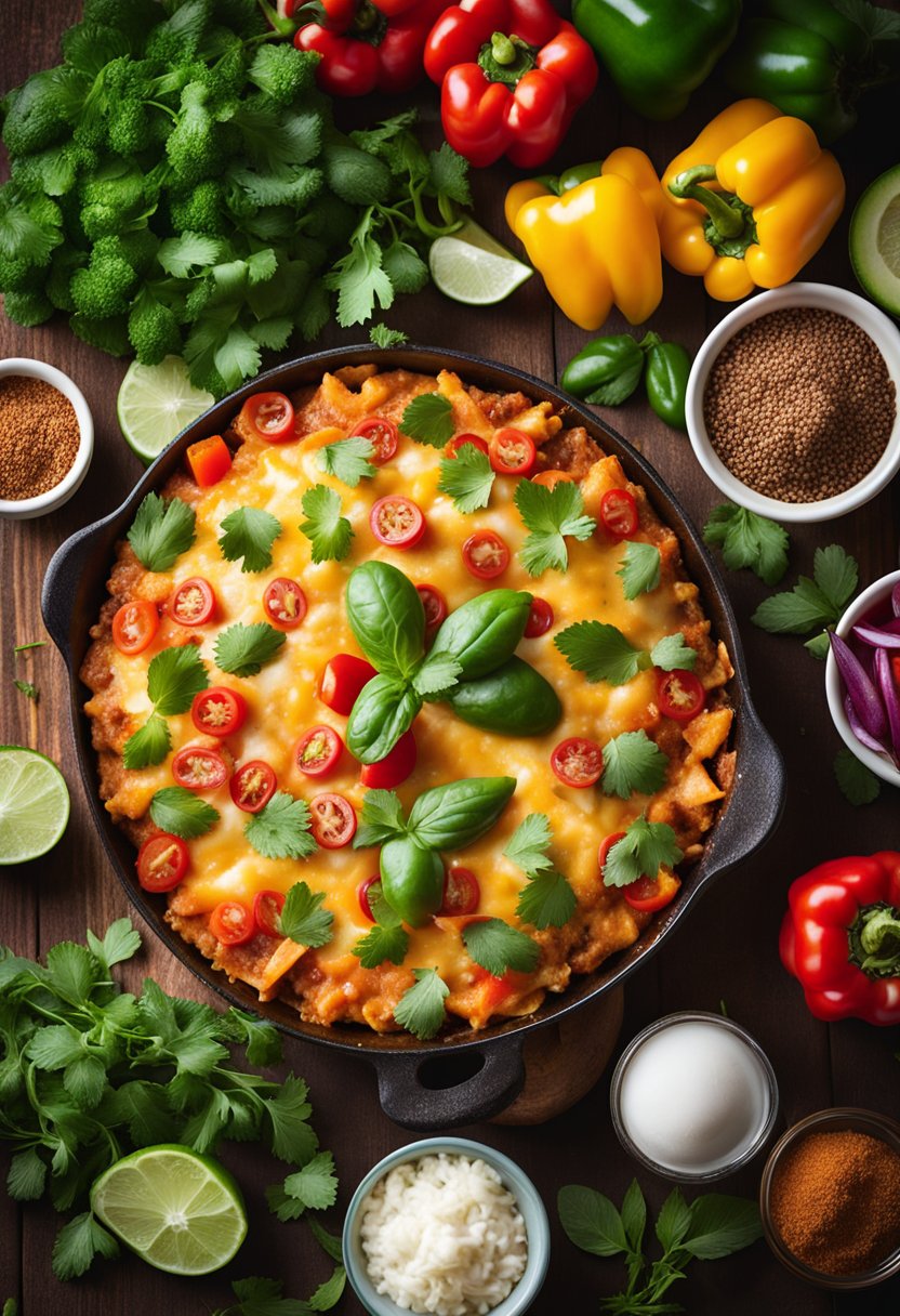 A colorful array of keto enchilada casserole ingredients arranged on a rustic wooden table, surrounded by vibrant peppers and fresh herbs