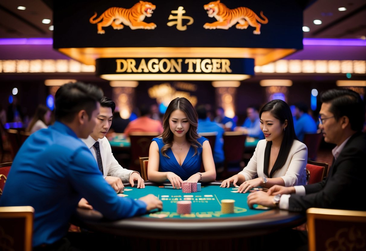 Atmosfer tegang di Dragon Tiger Casino: permainan kartu yang intens, warna-warna cerah, dan pemain yang fokus