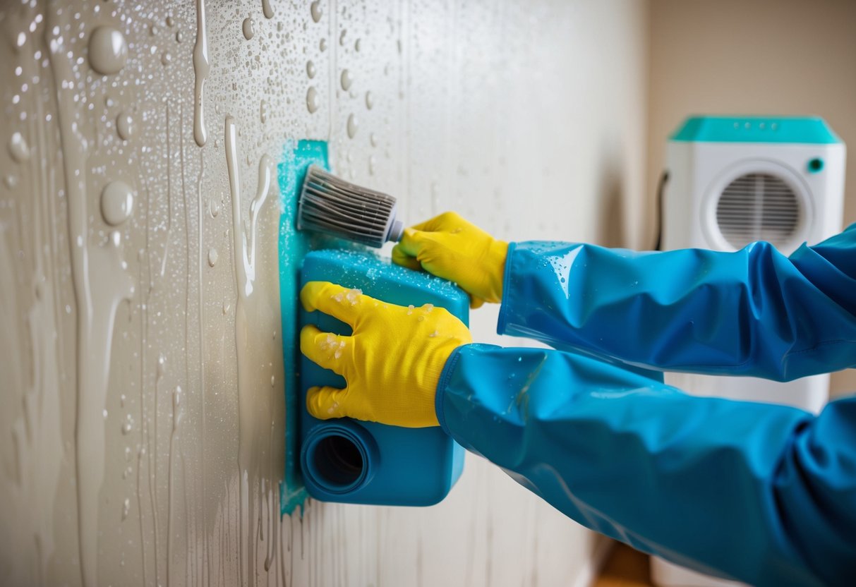 A damp wall being treated with a waterproof sealant, with water droplets visible and a dehumidifier in the background