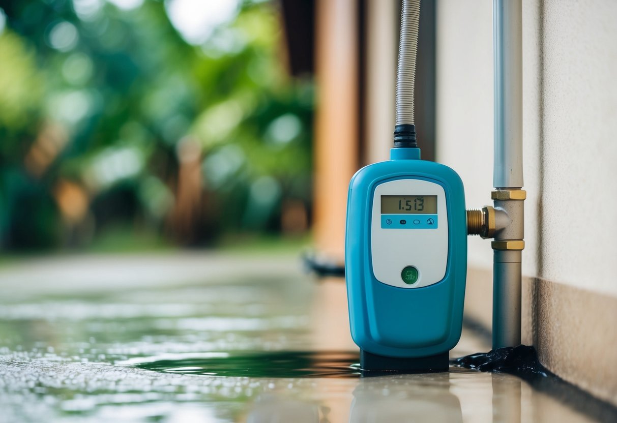 A water leak detector placed near a leaking pipe in a Malaysian home