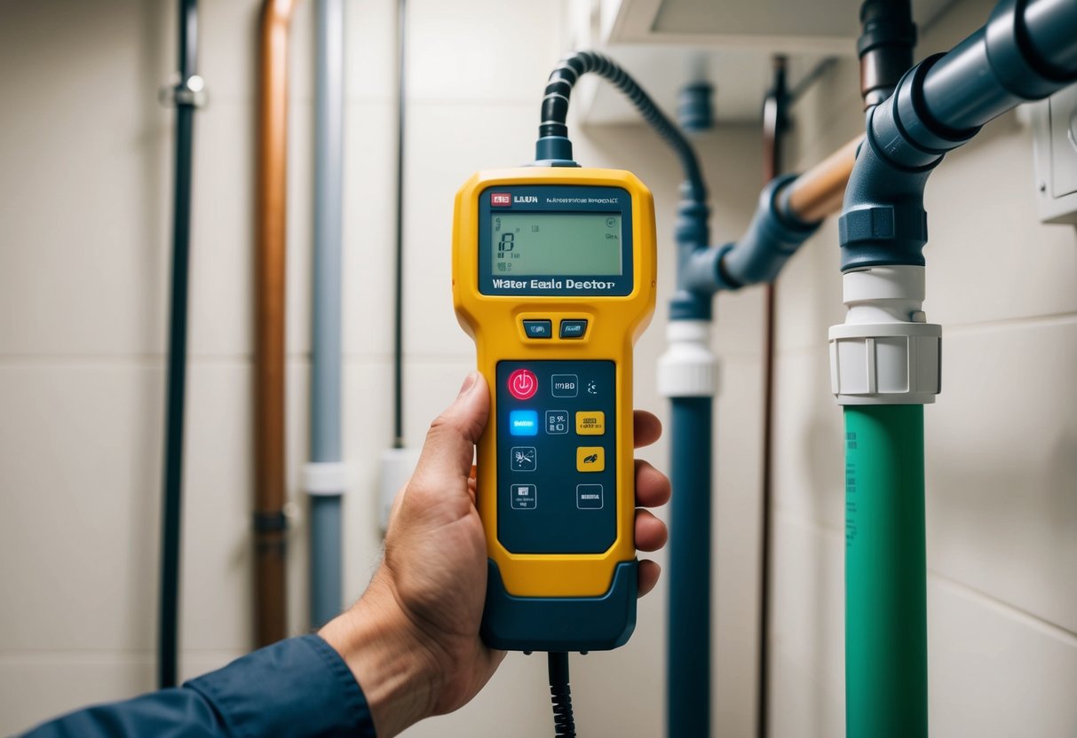 A hand-held water leak detector scanning various pipe materials in a utility room