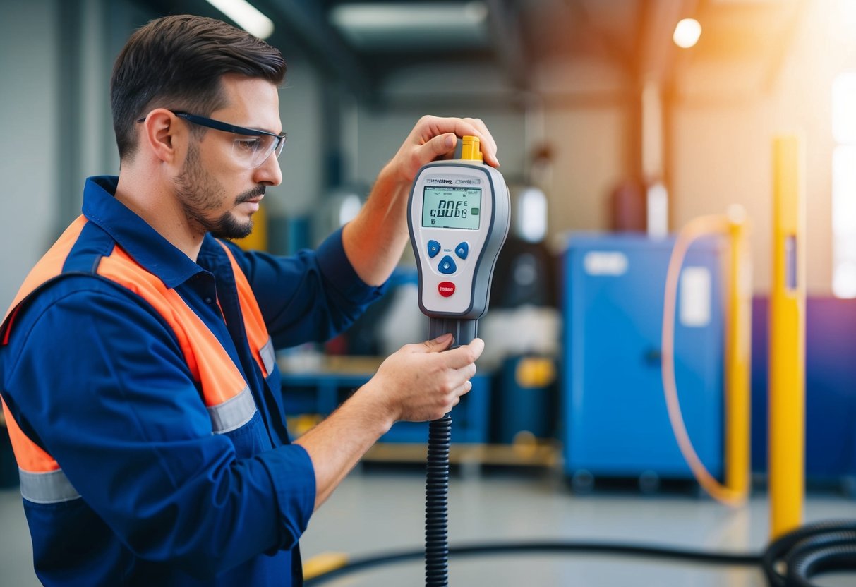 A technician calibrates a water leak detector in a well-lit maintenance workshop