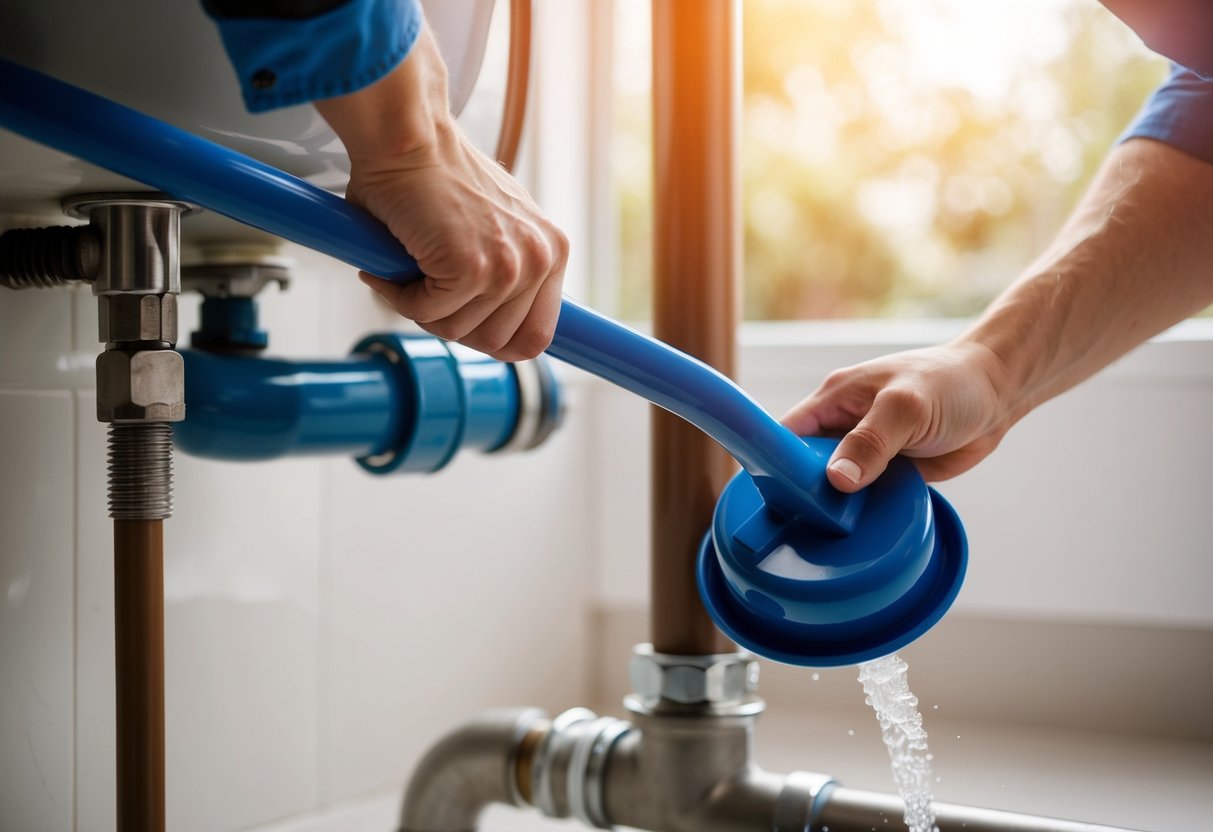 A plumber uses a plunger to clear a clogged pipe