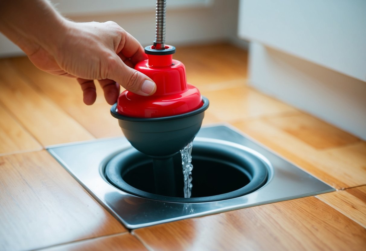 A clogged drain being cleared with a plunger