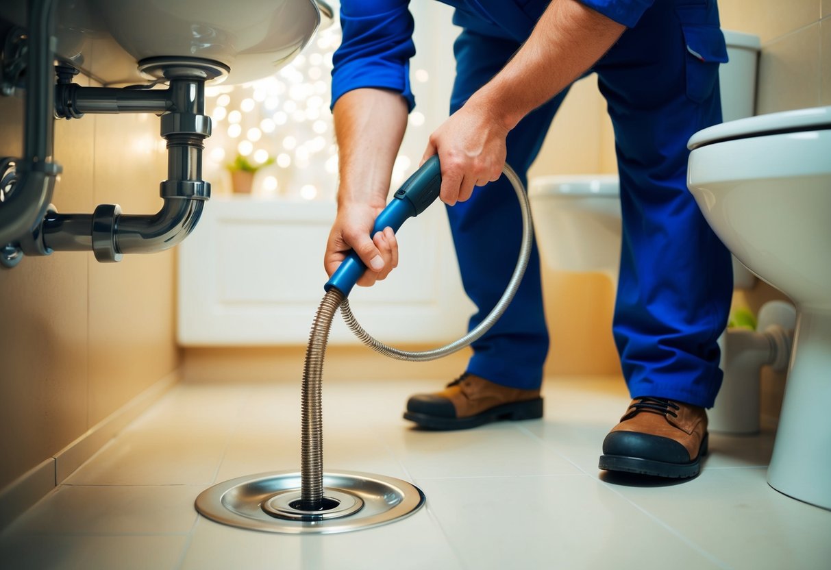 A plumber using a drain snake to clear a clogged pipe in a dimly lit bathroom