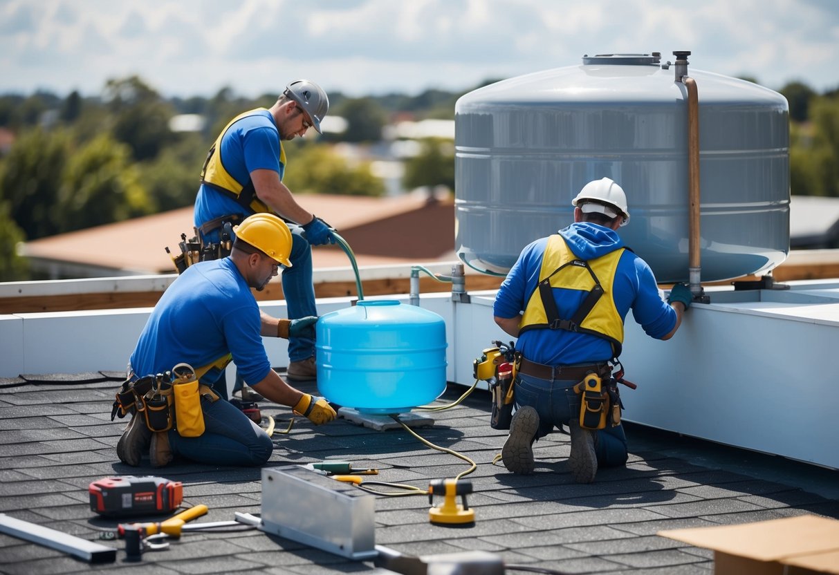 A water tank being installed on a rooftop with workers using tools and equipment to secure it in place