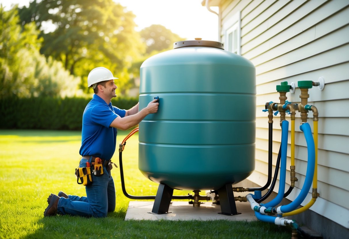 A plumber installing a large water tank next to a house, connecting pipes to the existing water system