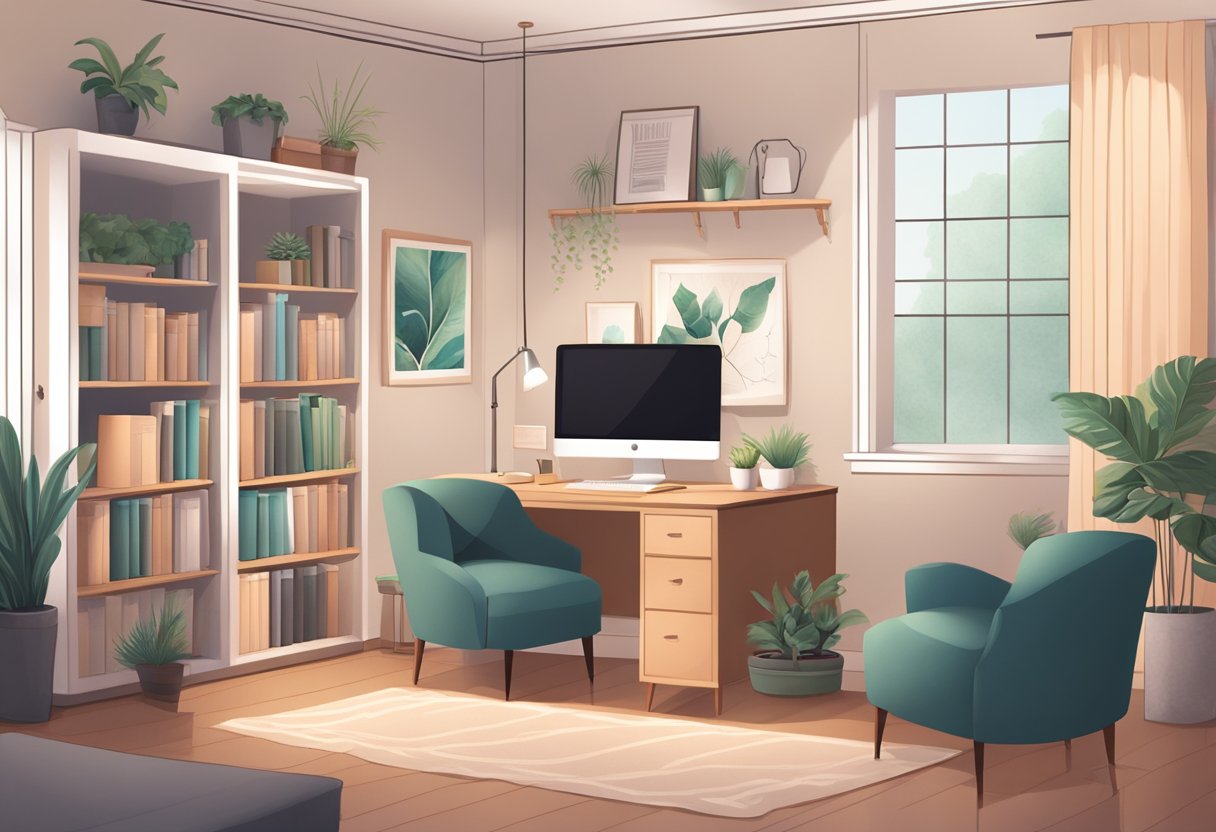 A therapist's office with a comfortable seating area, soft lighting, and calming decor. A desk with a computer and a bookshelf filled with resources