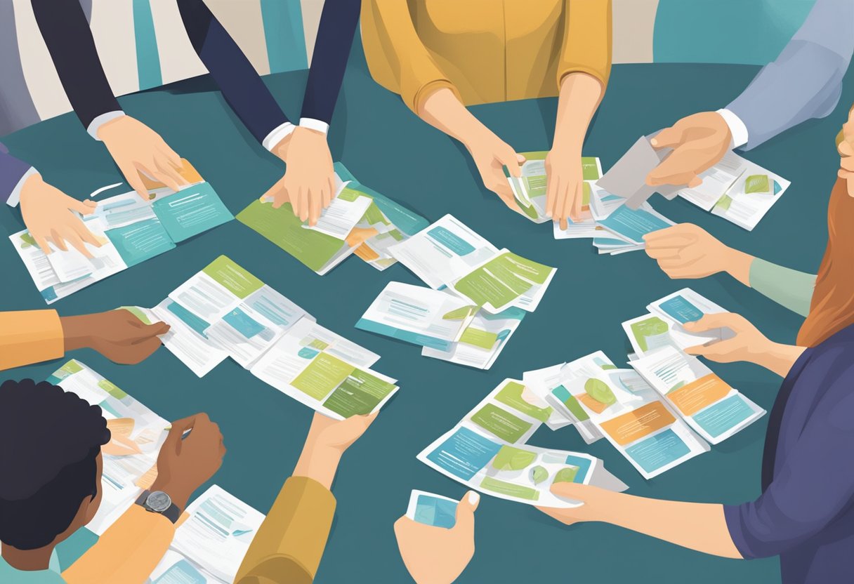 A group of therapists engage in a networking event, exchanging business cards and discussing community involvement strategies. Tables are adorned with informational brochures and banners