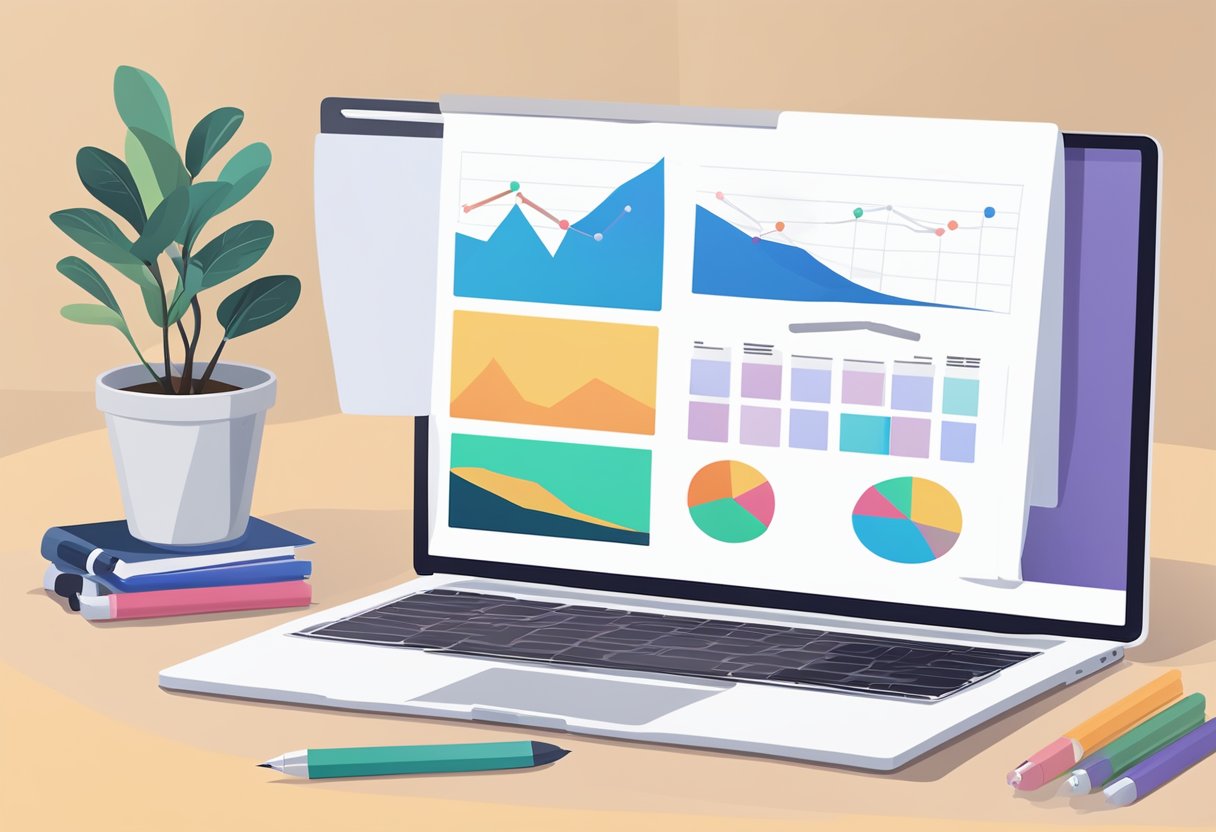 A laptop displaying a webinar marketing strategy with a notepad and pen next to it. A stack of promotional materials and a calendar are in the background