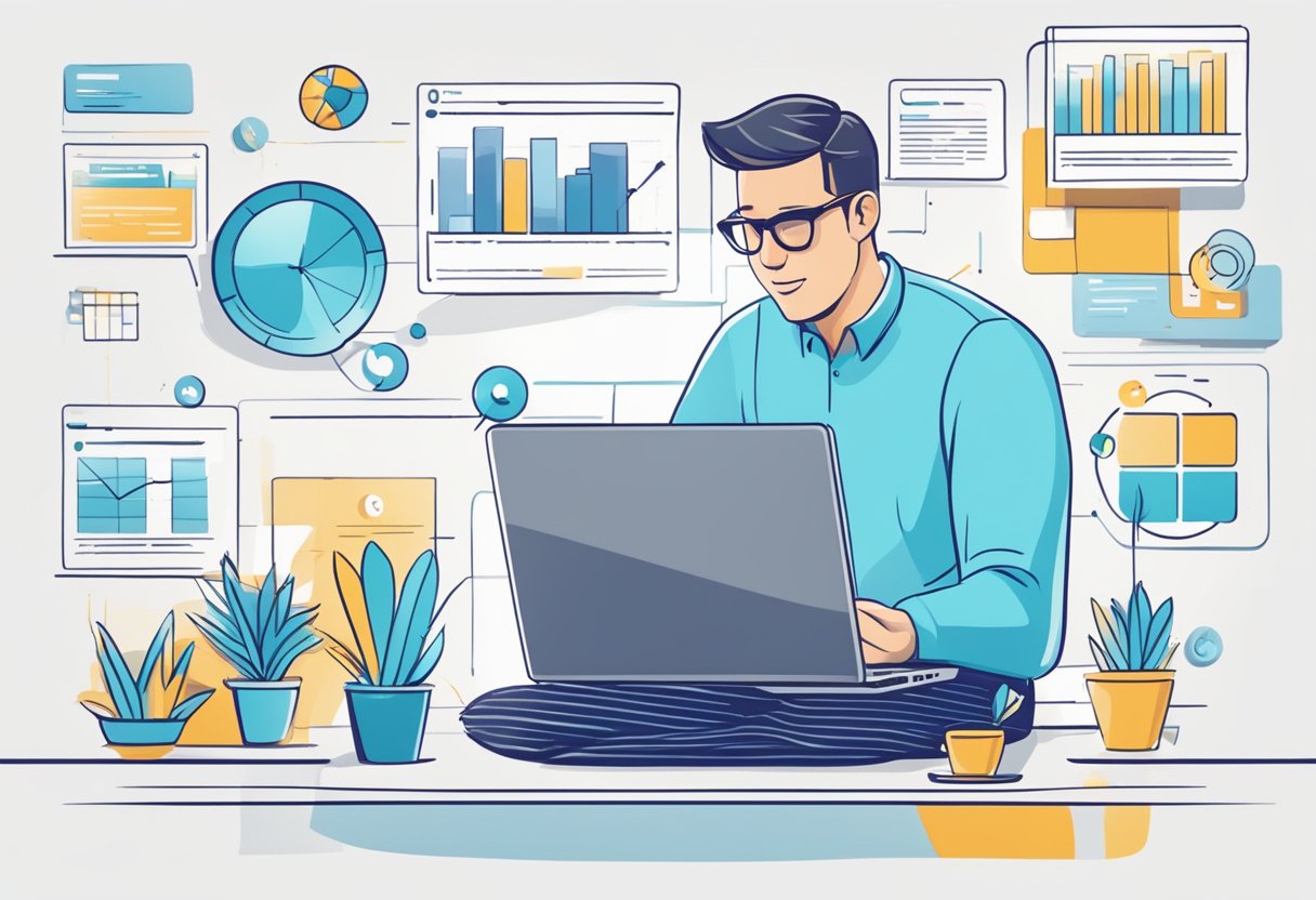 A coach or consultant using a laptop to create and manage Meta Ads campaigns, with a focus on the screen and the user's engagement