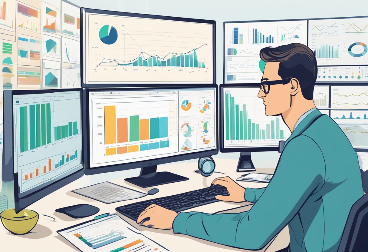 A coach or consultant analyzing data and graphs on a computer screen, surrounded by charts and graphs, with a thoughtful expression