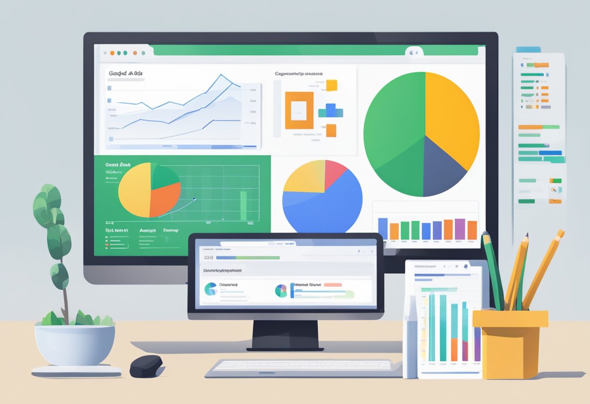 A computer screen showing Google Ads interface with competitor analysis and budget comparison charts