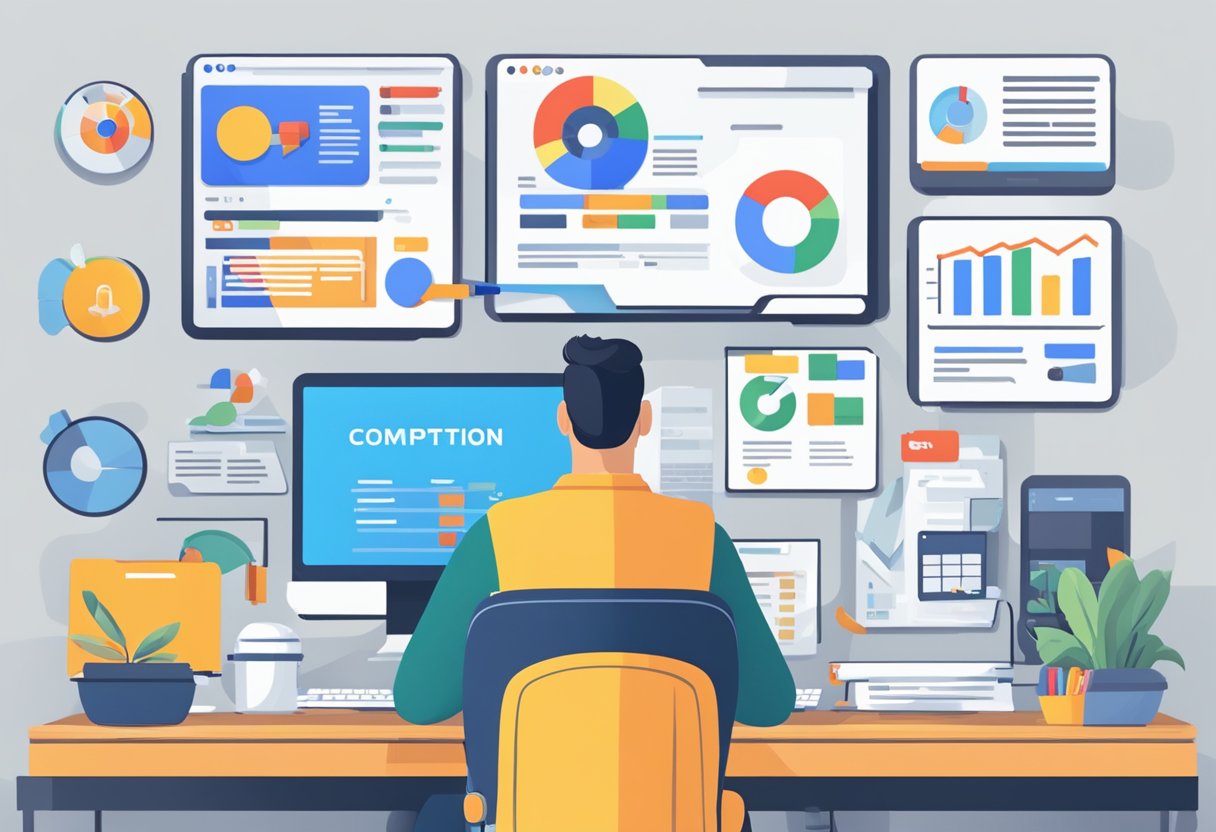 A person at a desk with a computer, researching and comparing Google Ads budgets of competitors