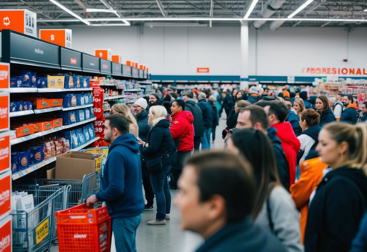 A crowded store with shelves of discounted items and long lines of eager shoppers