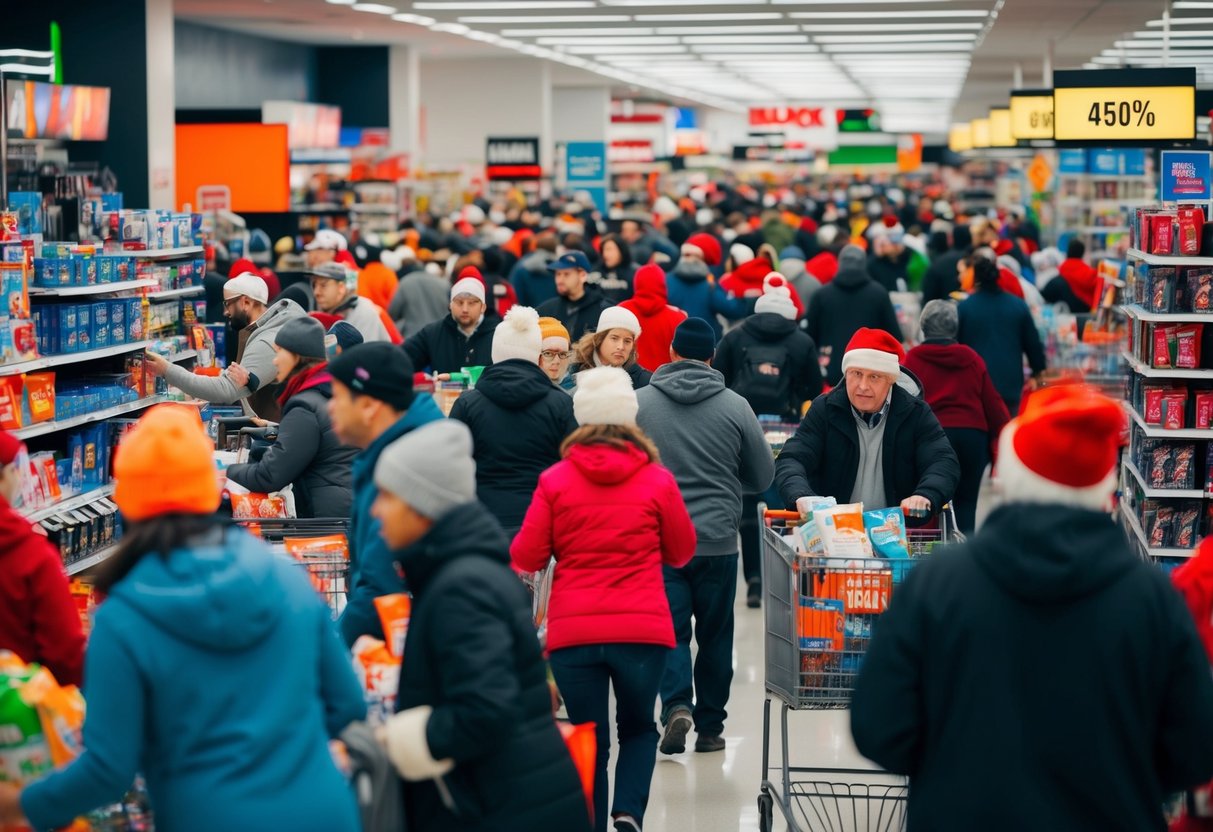 Shoppers rushing through crowded store aisles on Black Friday, grabbing discounted items off shelves