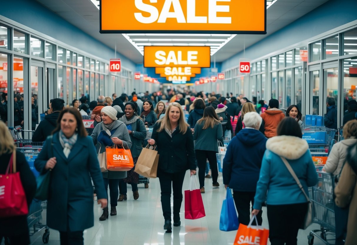 Crowds of shoppers flood through store doors, clutching bags and scanning shelves. Bright sale signs hang overhead as people navigate aisles and checkouts