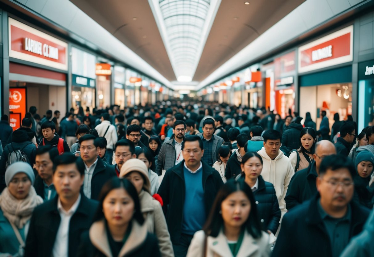 A crowded shopping mall with long lines, discounted products, and busy shoppers