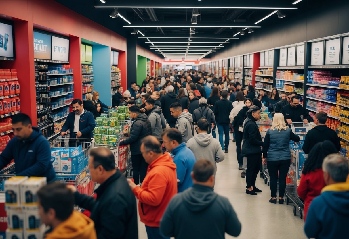 A crowded store with long lines, discounted products, and busy staff assisting customers