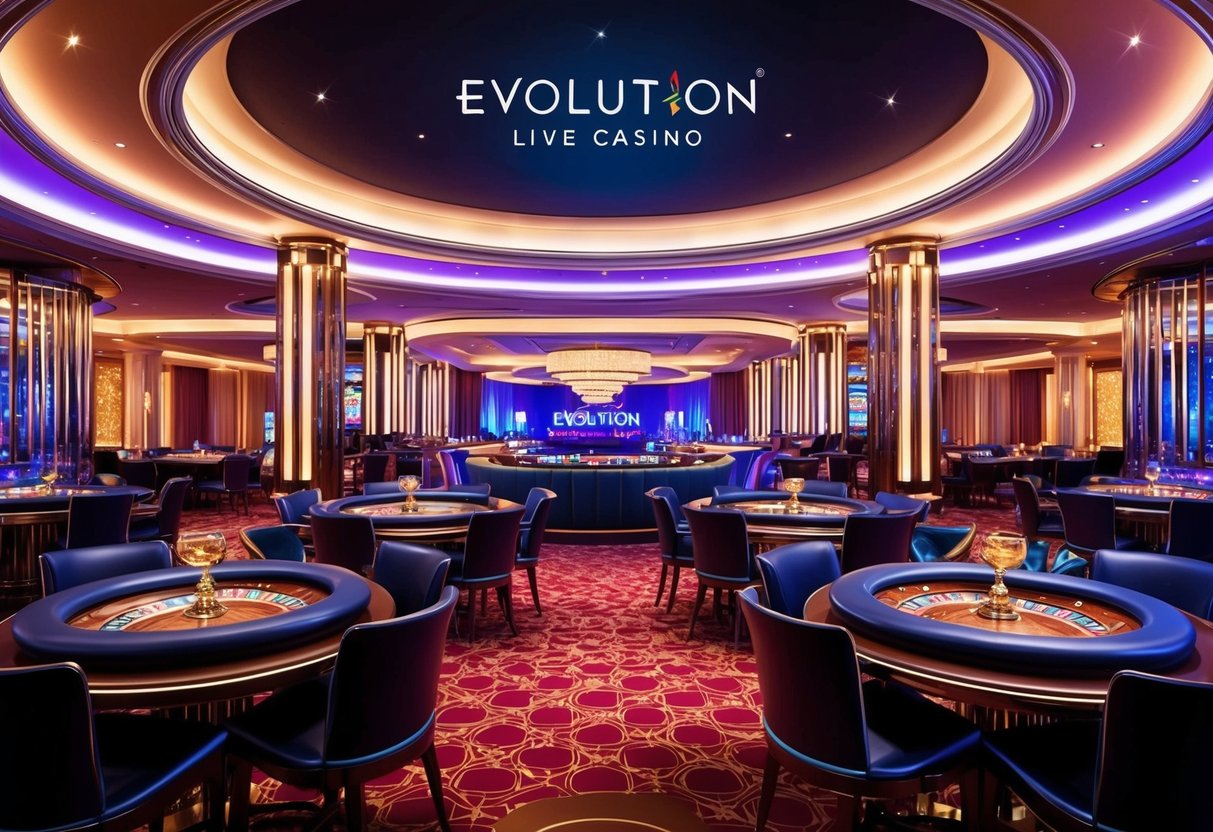 Suasana kasino yang semarak dengan meja-meja elegan, lampu-lampu berwarna-warni, dan atmosfer yang hidup, menampilkan kegembiraan dari Evolution Live Casino