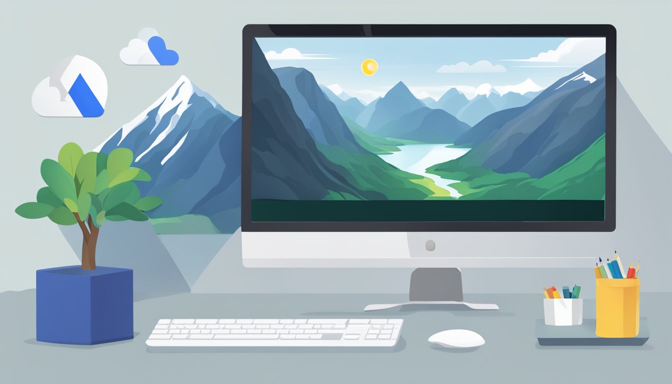 En datamaskin med Google AdWords-logoen vist på skjermen, omgitt av fjell og fjorder i Norge