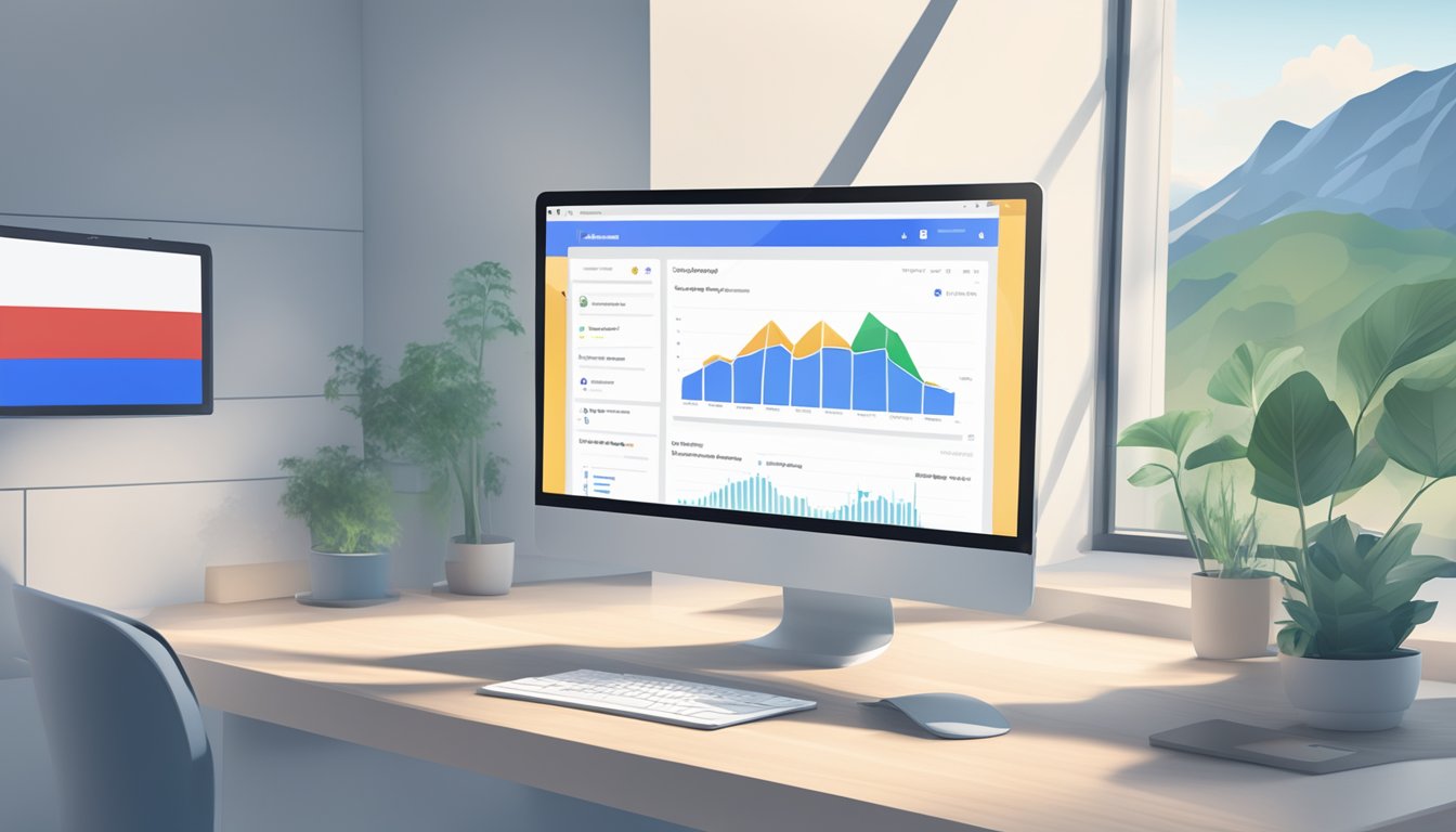 En dataskjerm som viser Google AdWords-dashbordet med det norske flagget i bakgrunnen