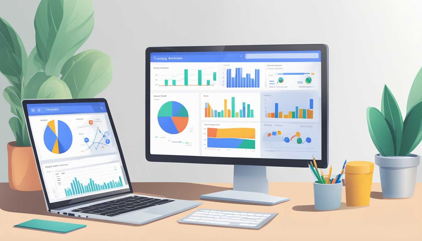 En dataskjerm med et Google AdWords dashbord, diagrammer og grafer