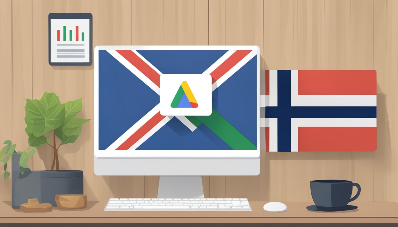 En dataskjerm som viser Google AdWords-kampanje som retter seg mot det norske markedet, med det norske flagget i bakgrunnen