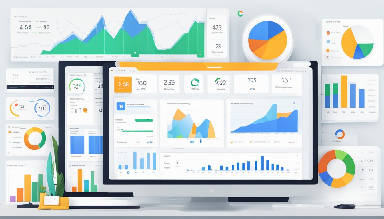 En dataskjerm som viser Google Analytics-dashboardet med norske språkinnstillinger, omgitt av ulike utvidelses- og plugin-ikoner.