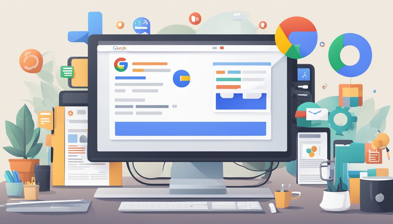 En datamaskin med en åpen Google søkefelt, omgitt av ulike digitale markedsføringsikoner og symboler