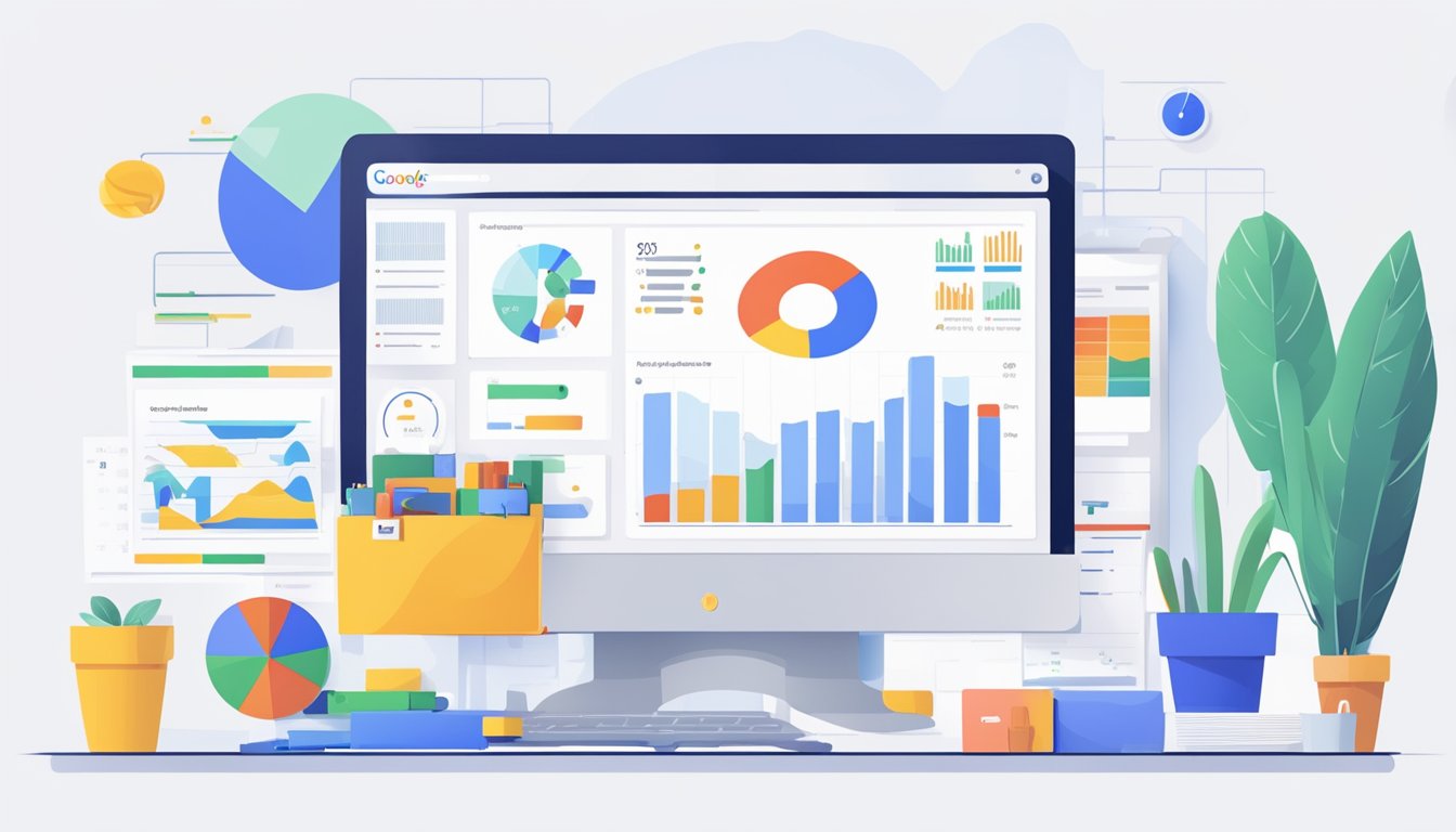 En datamaskin med et Google Ads-dashboard åpent, omgitt av diagrammer og grafer som viser kostnadsfaktorer for Google-reklame.
