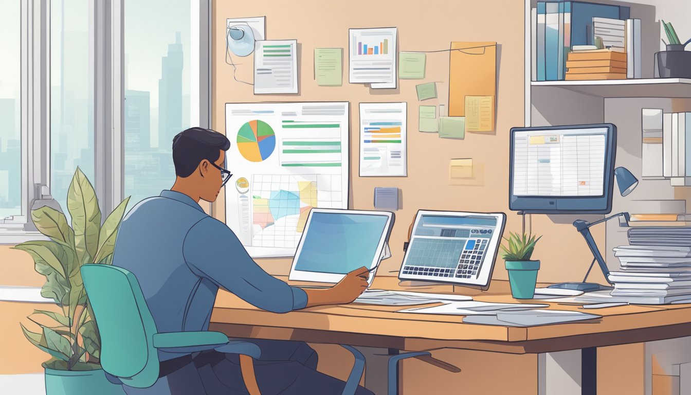 En person ved et skrivebord med en datamaskin, kalkulator og papirer, som planlegger og budsjetterer for Google-annonsering