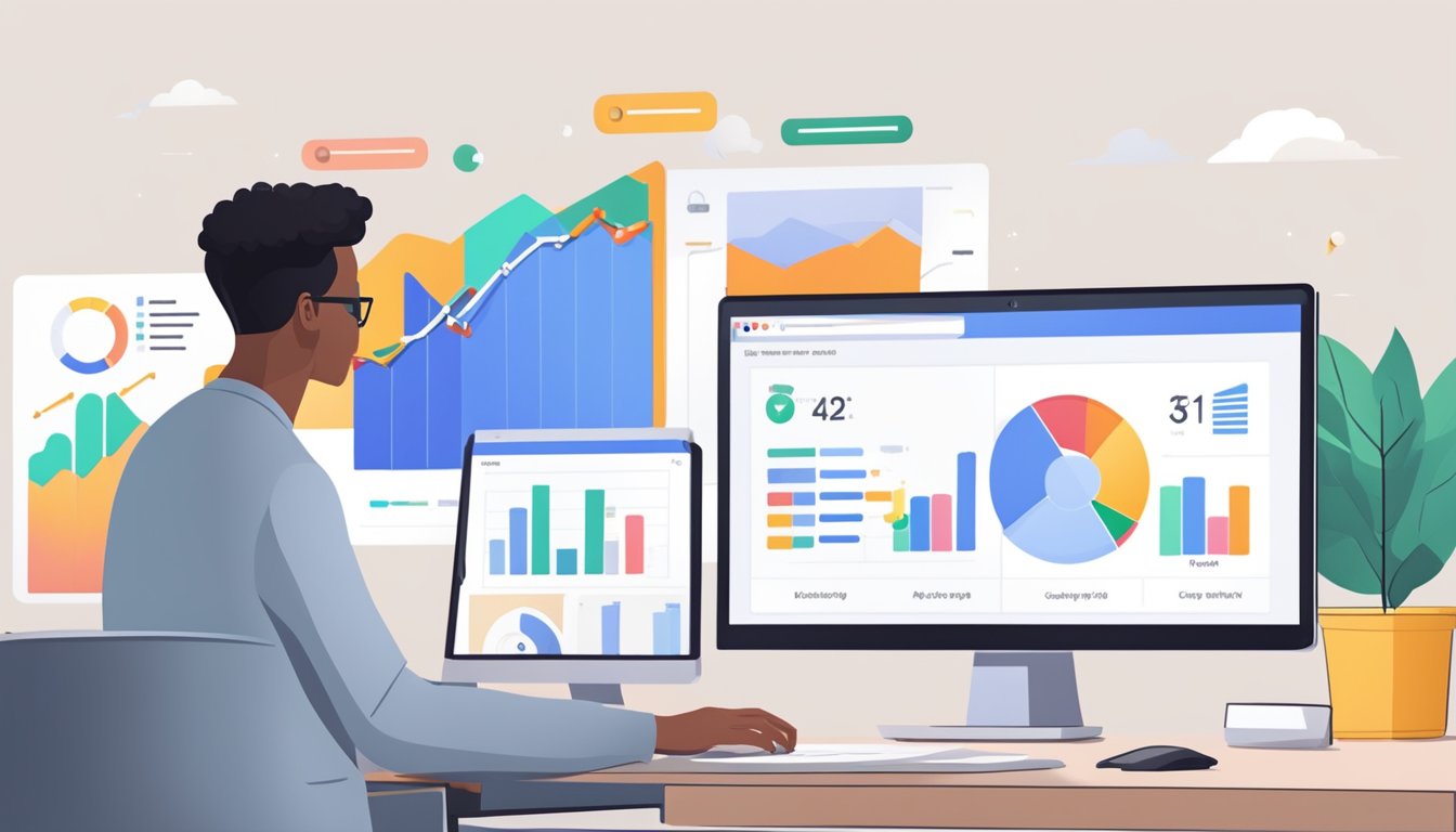En person som analyserer Google Ads-priser på en datamaskin med diagrammer og grafer vist på skjermen