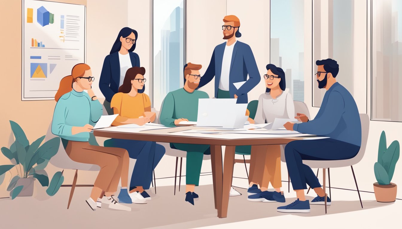 En gruppe mennesker som sitter rundt et bord og diskuterer og gjennomgår dokumenter relatert til Googles annonseringspriser og forskrifter