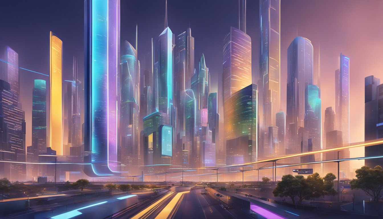 En futuristisk bylandskap med digitale reklameskilt som viser Googles annonsepriser