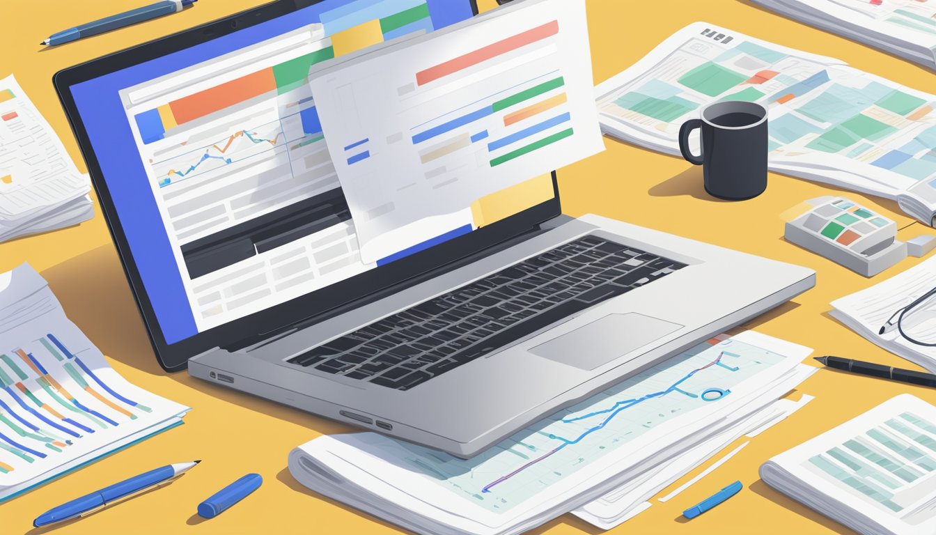 En bærbar datamaskin med en søkemotor åpen på en side om Googles annonsepriser, omgitt av spredte papirer og en penn