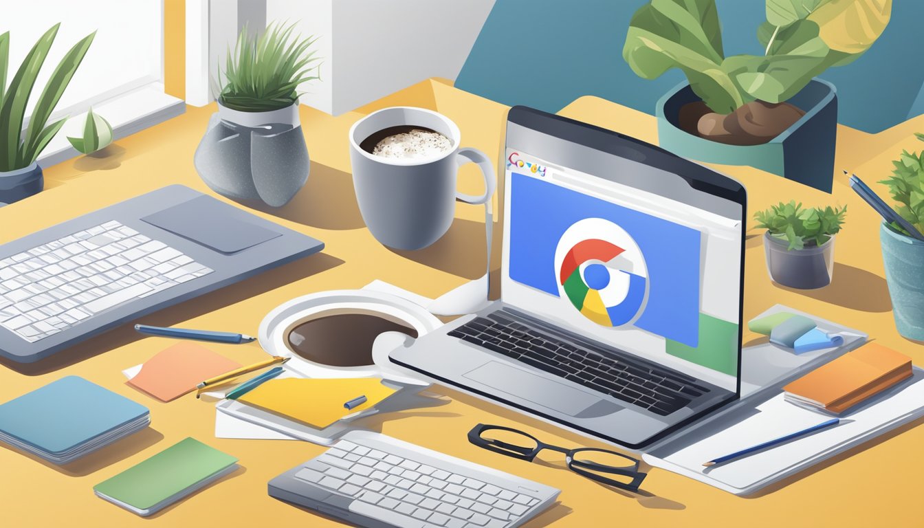 En bærbar datamaskin med Google-hjemmesiden vist på skjermen, omgitt av ulike kontorrekvisita og en kopp kaffe