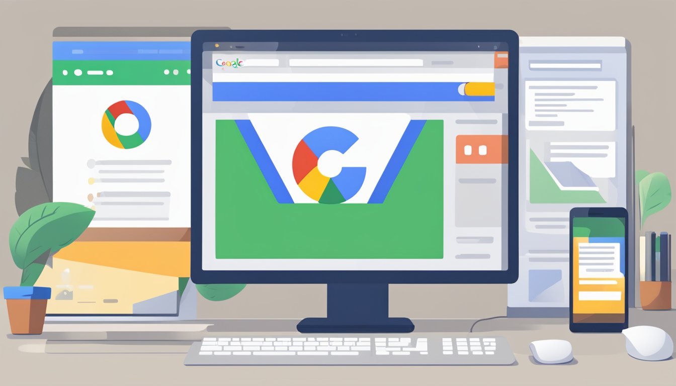 En dataskjerm som viser Google-hjemmesiden med søkefeltet og logoen, omgitt av nettleserfaner og en musepeker