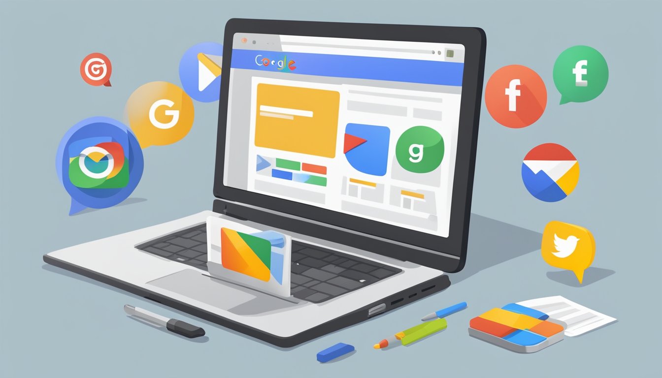 En bærbar datamaskin som viser en Google-nettside med ikoner for integrasjon av sosiale medier