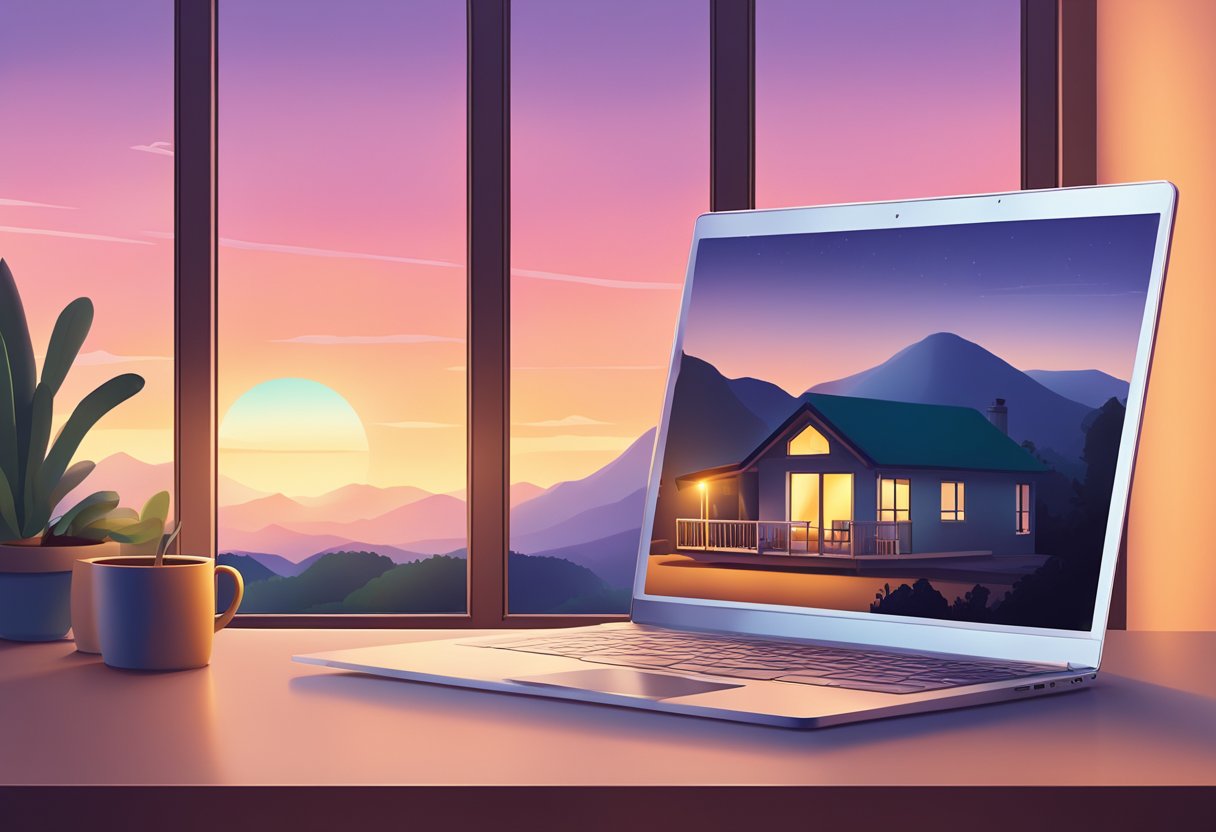 A cozy vacation rental with a window overlooking a serene landscape. A laptop sits on the table, casting a soft glow as it displays the Airbnb website