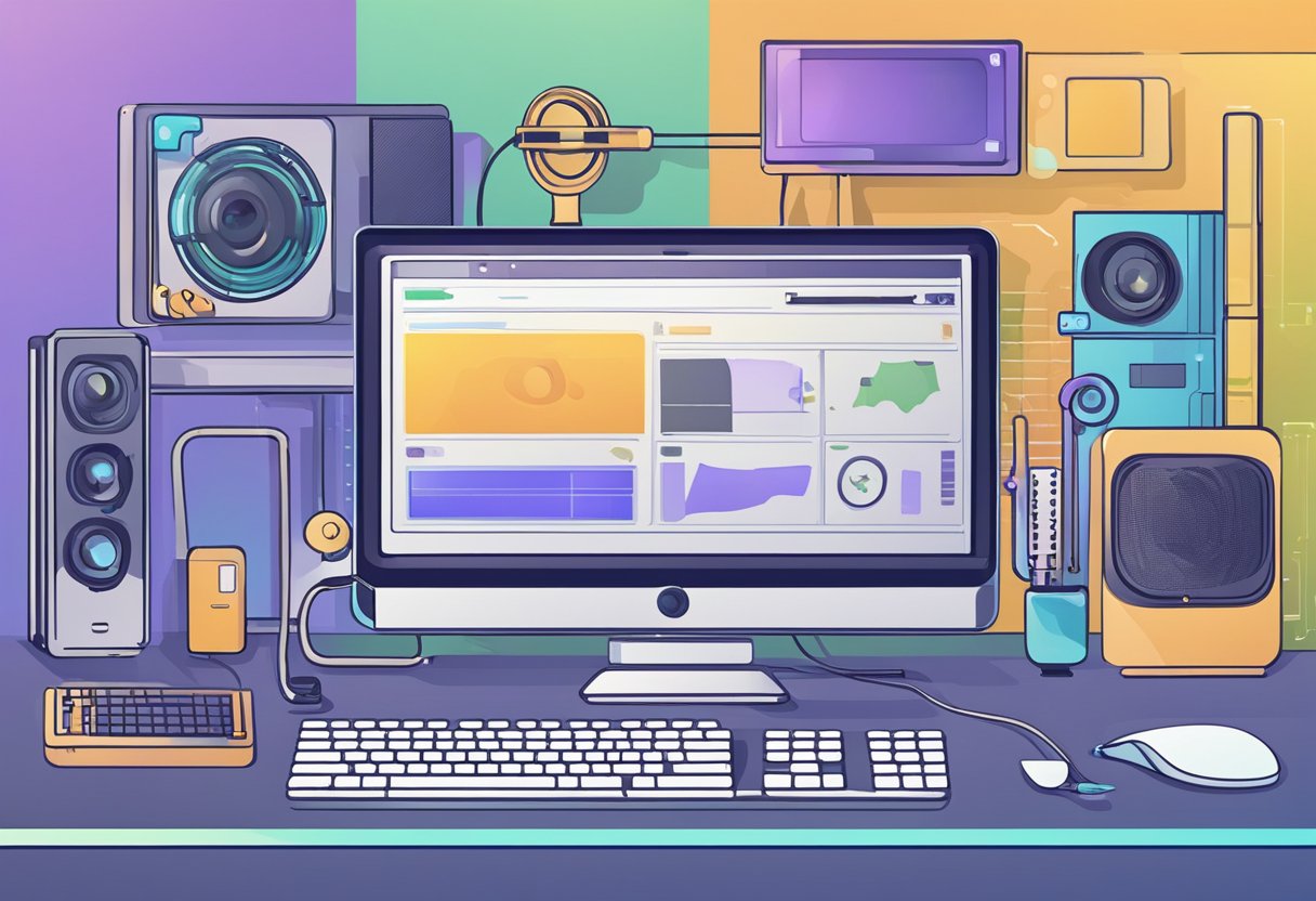 A computer screen with a webcam and microphone symbol, surrounded by various monitoring devices and technology equipment