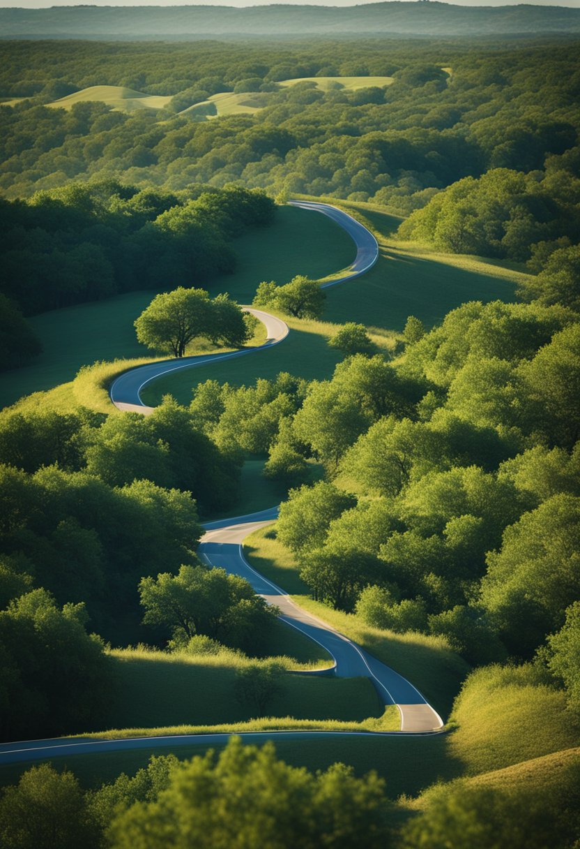 A winding road through rolling hills leads to the bustling city of Waco, Texas. Lush greenery and a clear blue sky create a picturesque backdrop for the journey